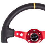 NRG Reinforced Steering Wheel (350mm / 3in. Deep) Blk Leather w/Red Spokes & Sgl Yellow Center Mark | RST-006RD-Y