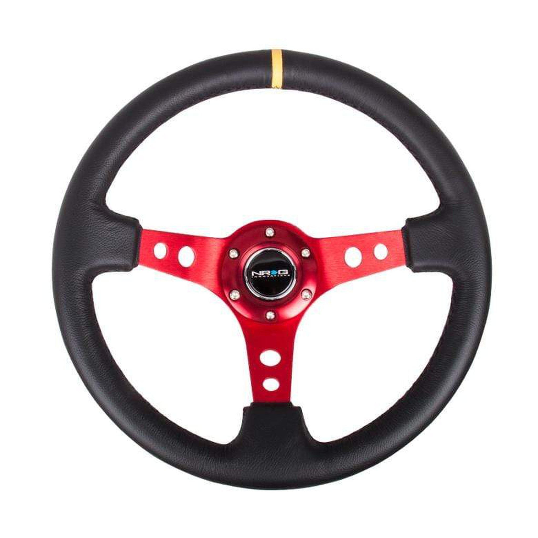 NRG Reinforced Steering Wheel (350mm / 3in. Deep) Blk Leather w/Red Spokes & Sgl Yellow Center Mark | RST-006RD-Y