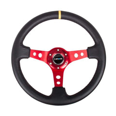 NRG Reinforced Steering Wheel (350mm / 3in. Deep) Blk Leather w/Red Spokes & Sgl Yellow Center Mark | RST-006RD-Y