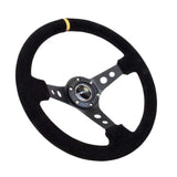 NRG Reinforced Steering Wheel (350mm / 3in. Deep) Blk Suede w/Circle Cut Spokes + Yellow Stripe | RST-006S-Y