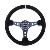 NRG Reinforced Steering Wheel (350mm / 3in. Deep) Blk Suede w/Circle Cut Spokes + Yellow Stripe | RST-006S-Y