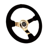 NRG Reinforced Steering Wheel (350mm / 3in. Deep) Blk Suede w/Red BBall Stitch & Chrome Gold 3-Spoke | RST-036GD-S