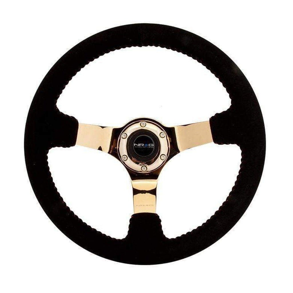 NRG Reinforced Steering Wheel (350mm / 3in. Deep) Blk Suede w/Red BBall Stitch & Chrome Gold 3-Spoke | RST-036GD-S
