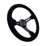 NRG Reinforced Steering Wheel (350mm / 3in. Deep) Blk Suede w/Red Stitching & 5mm Spokes w/Slits | RST-018S-RS