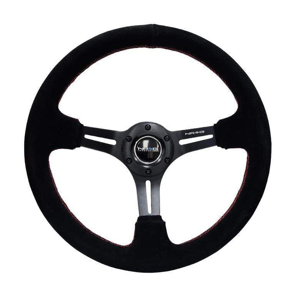 NRG Reinforced Steering Wheel (350mm / 3in. Deep) Blk Suede w/Red Stitching & 5mm Spokes w/Slits | RST-018S-RS