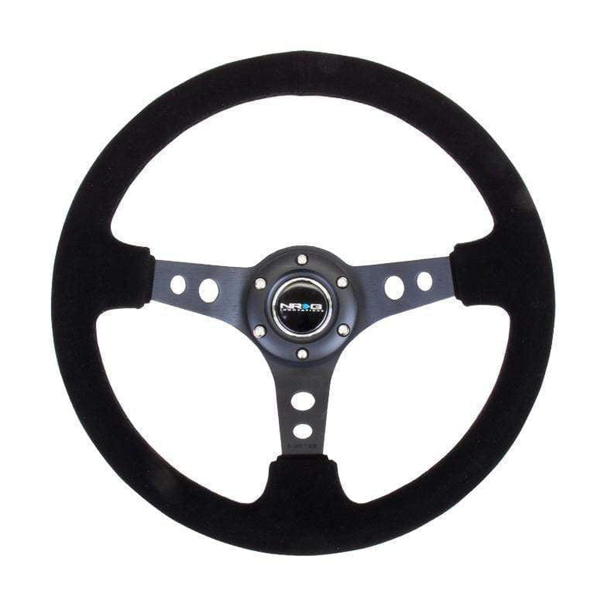 NRG Reinforced Steering Wheel (350mm / 3in. Deep) Blk Suede/Blk Stitch w/Black Circle Cutout Spokes | RST-006-S