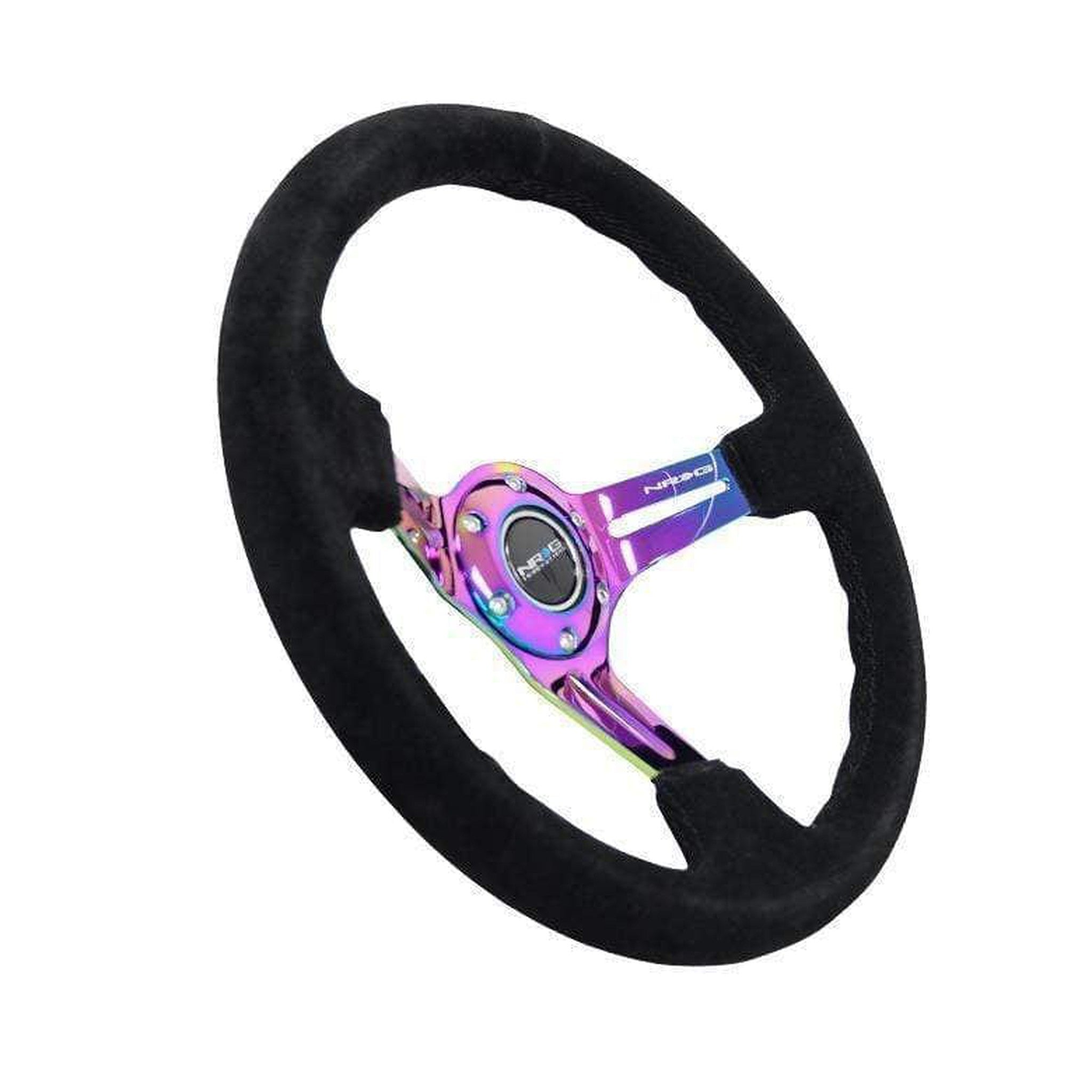 NRG Reinforced Steering Wheel (350mm / 3in. Deep) Blk Suede/Blk Stitch w/Neochrome Slits | RST-018S-MCBS