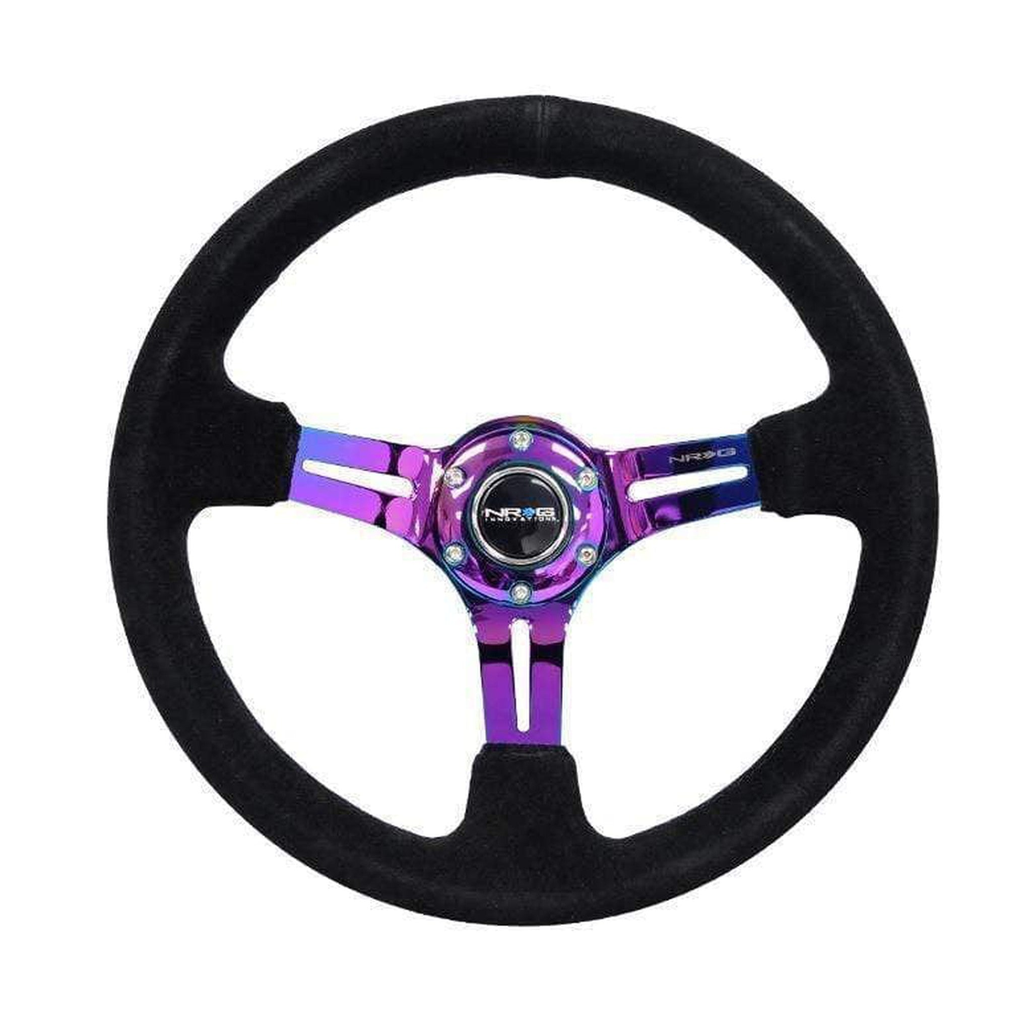 NRG Reinforced Steering Wheel (350mm / 3in. Deep) Blk Suede/Blk Stitch w/Neochrome Slits | RST-018S-MCBS