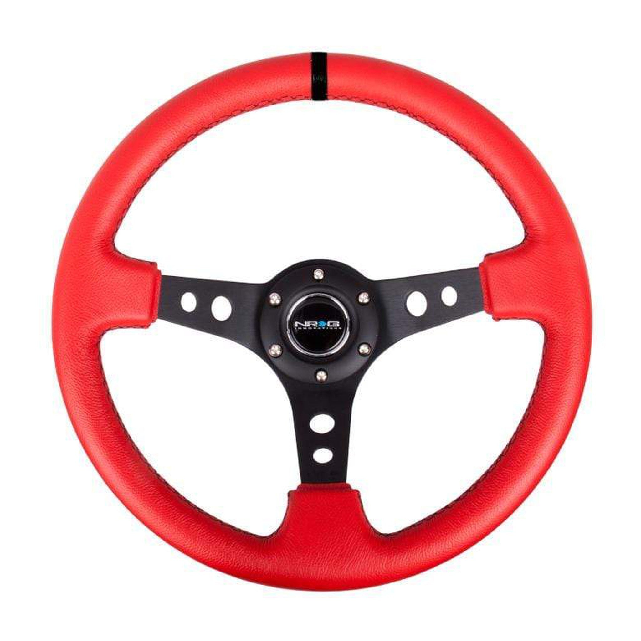 NRG Reinforced Steering Wheel (350mm / 3in. Deep) Red Leather/Blk Stitch w/Blk Spokes Hole Cutouts | RST-006RR-BS-B