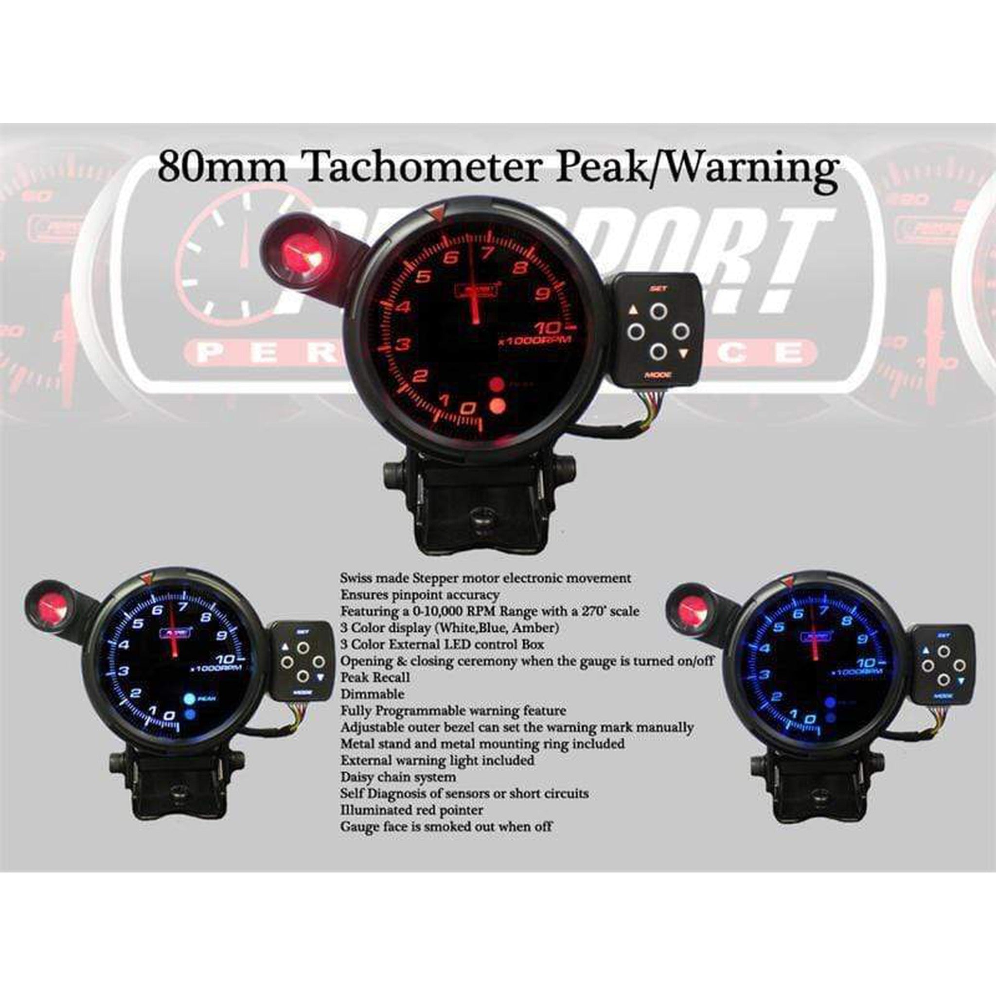 Prosport 95mm Tachometer Peak/Warning Gauge