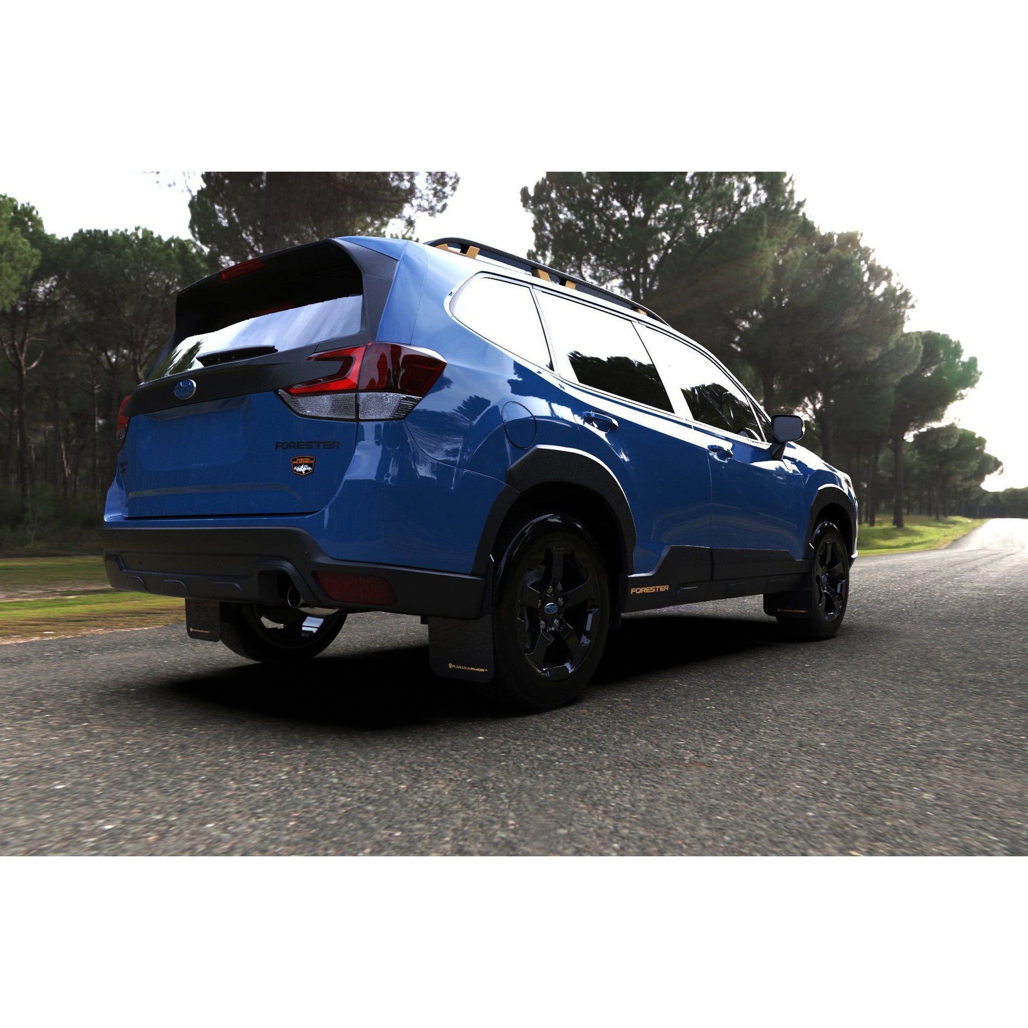 Rally Armor Black UR Mud Flaps w/ Blue Logo 2022-2024 Subaru Forester / Forester Wilderness | MF82-UR-BLK/BL